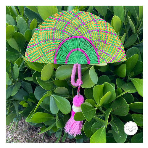 Green & Pink Iraca Palm Fan