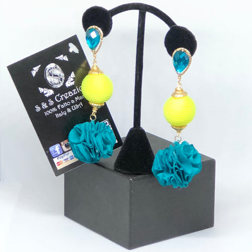 Flower Blue and Neon Artesanal Earrings