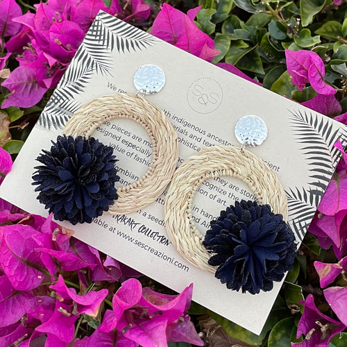 Iraca Palm Earrings Navy Blue Flowers