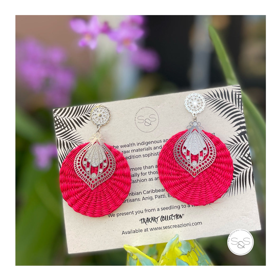 Red and Silver Iraca Palm Earrings