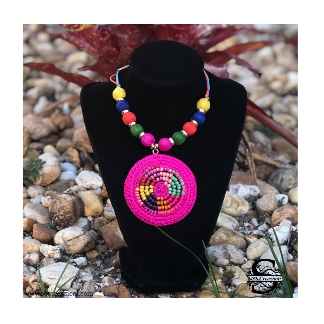 Adjustable Iraca Necklace Hot Pink (Earrings include)
